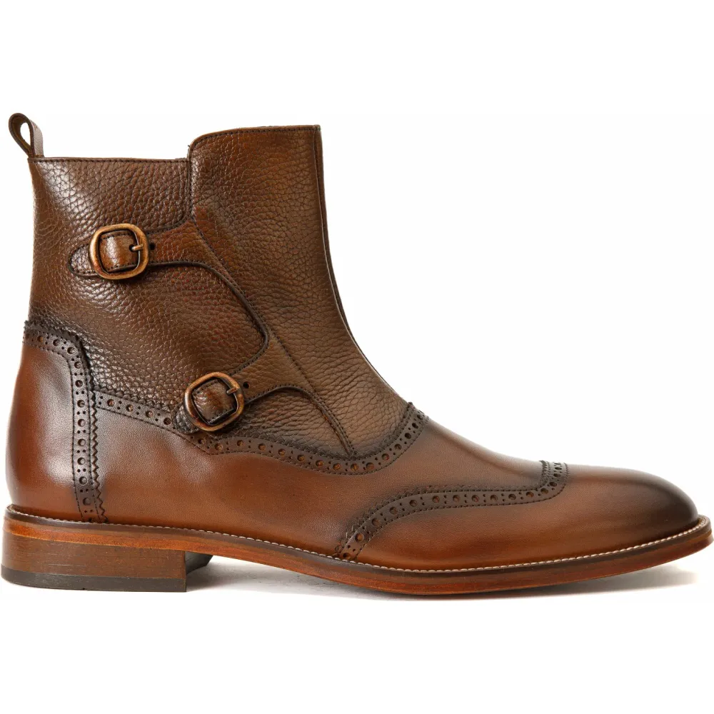 Vinci Leather The Rand Brown Leather Double Buckle Brogue Boot With A Zipper (14560 T-2)