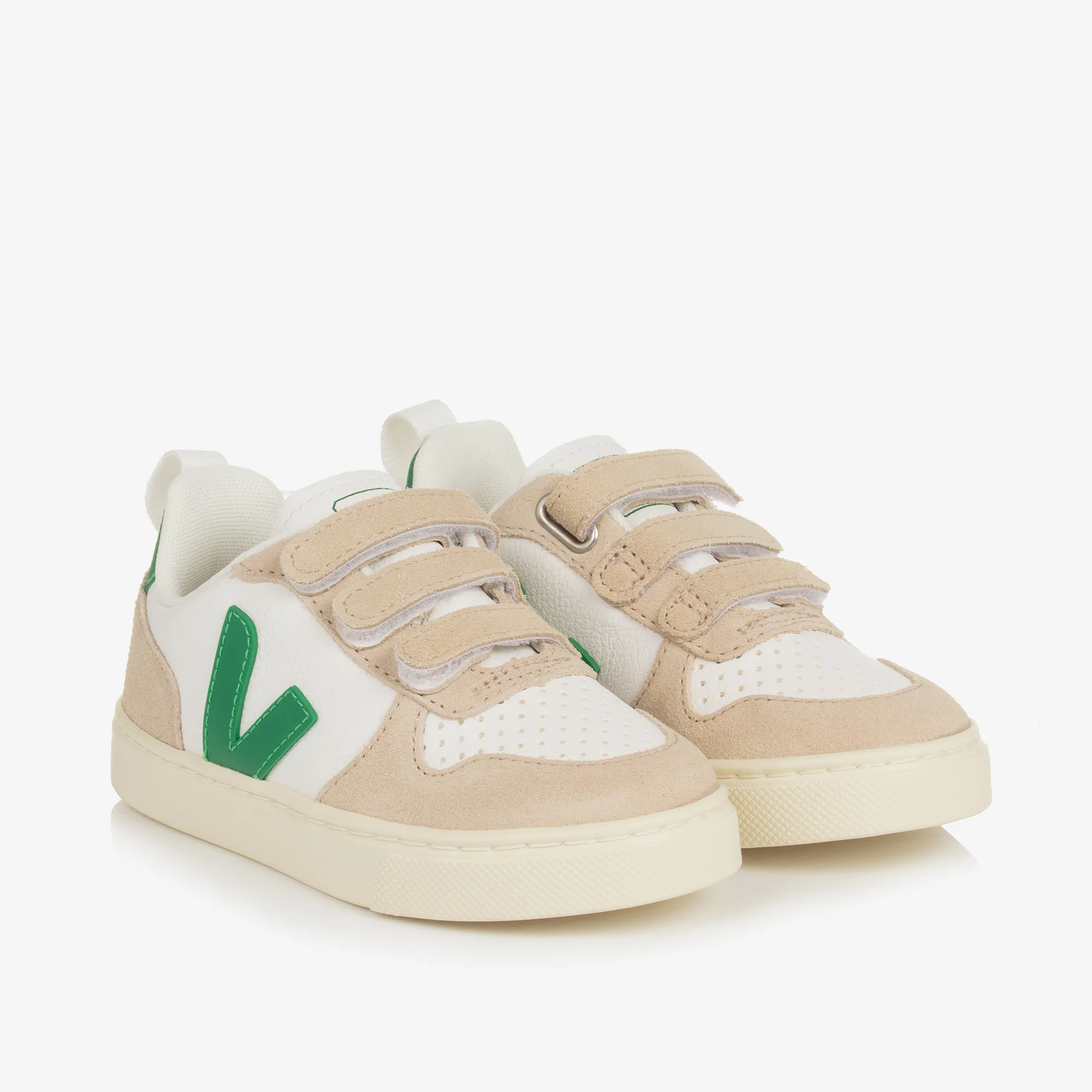 White & Green Leather V-10 Trainers