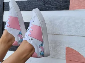 White Leather Sneakers with Pink Leather and Print Canvas Flowers