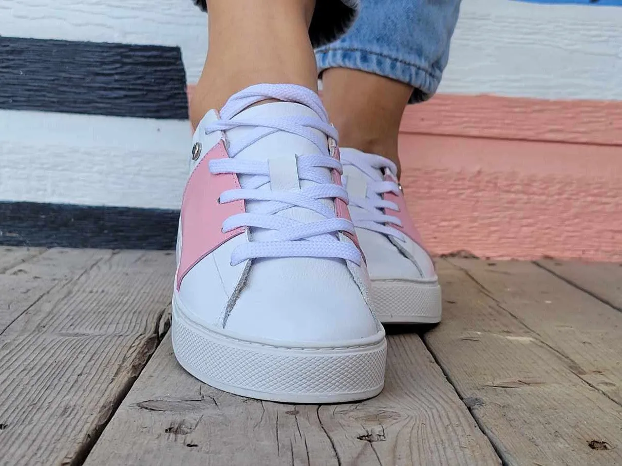 White Leather Sneakers with Pink Leather and Print Canvas Flowers