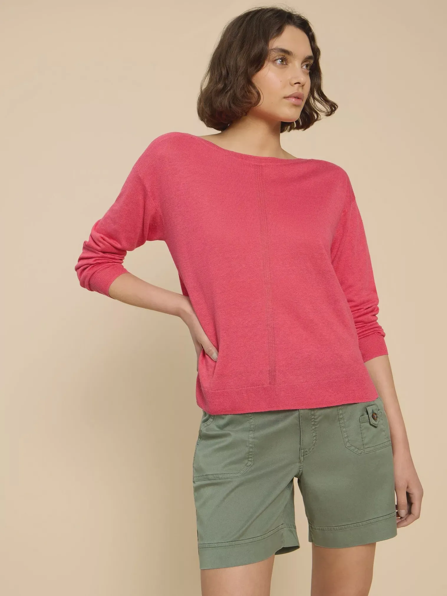 White Stuff Linen Crew Jumper Bright Pink