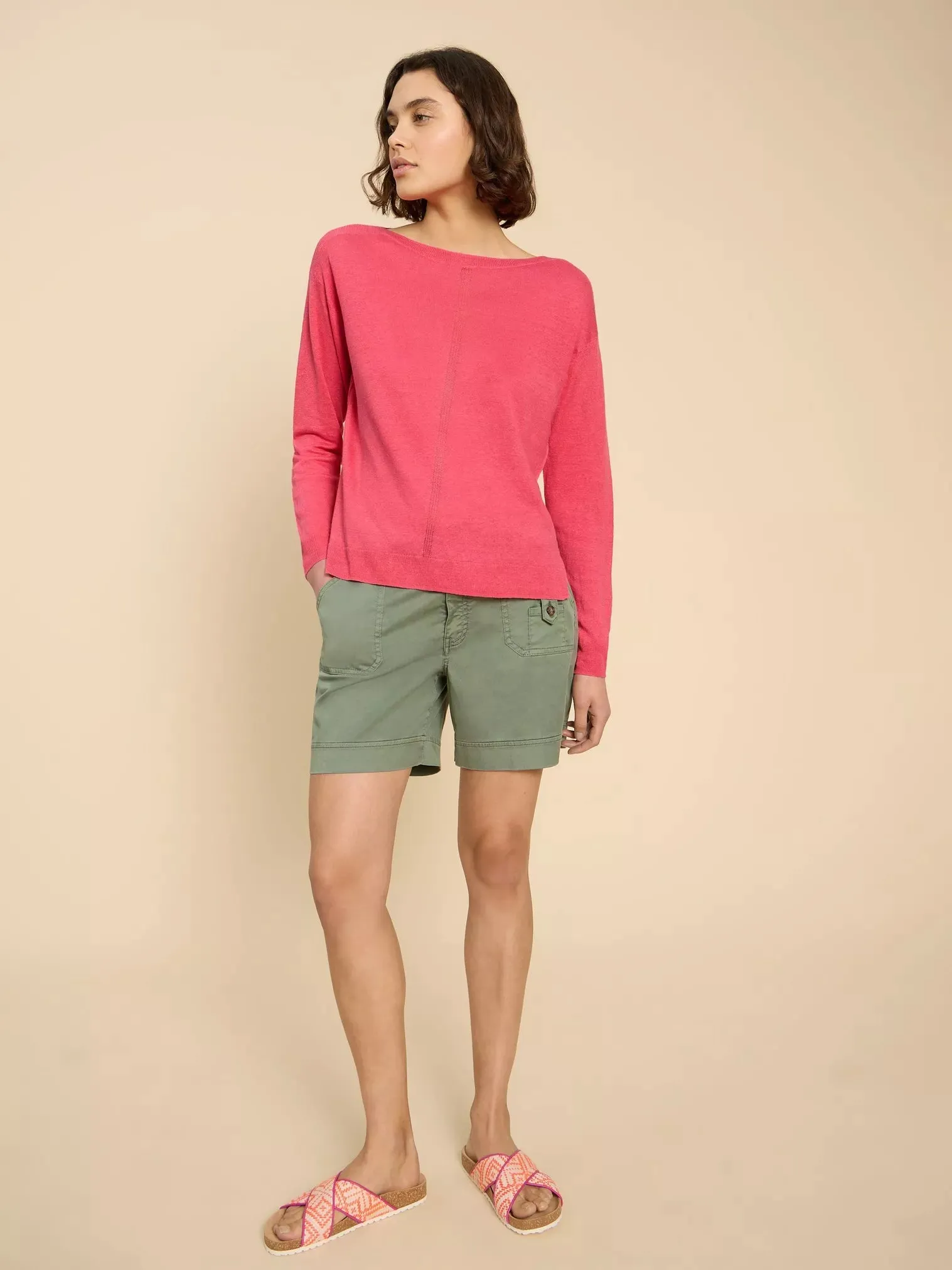 White Stuff Linen Crew Jumper Bright Pink