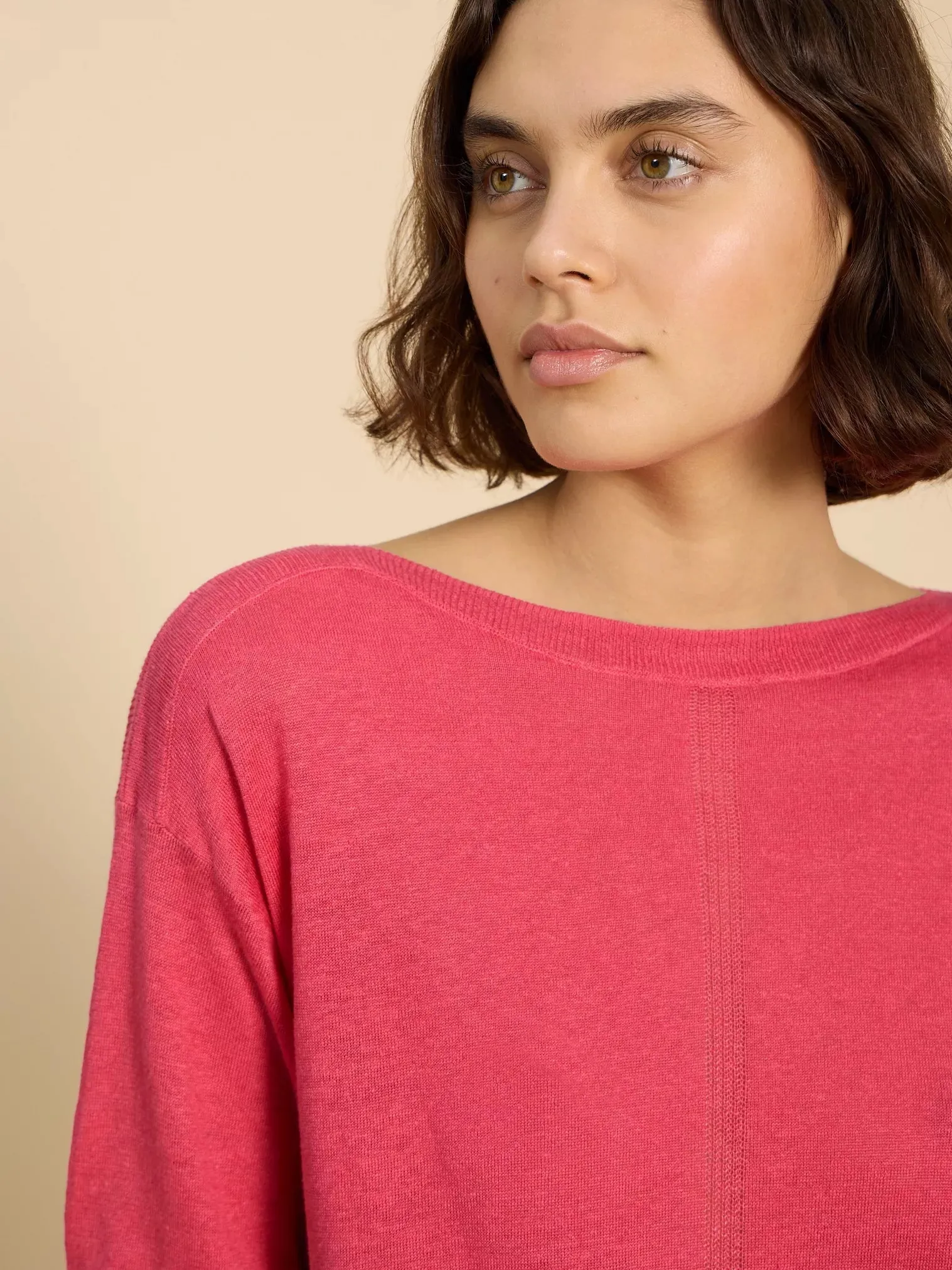 White Stuff Linen Crew Jumper Bright Pink