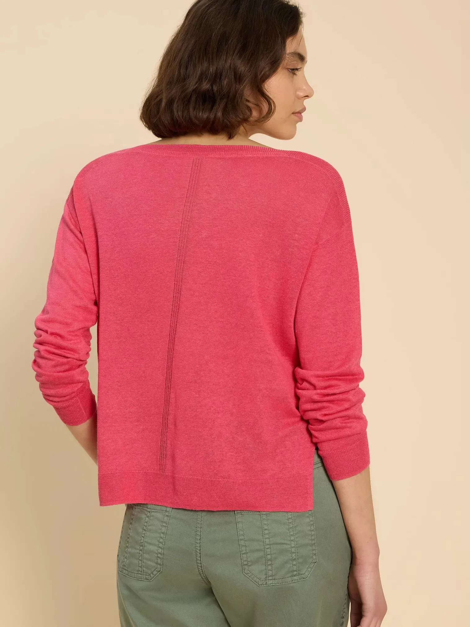 White Stuff Linen Crew Jumper Bright Pink