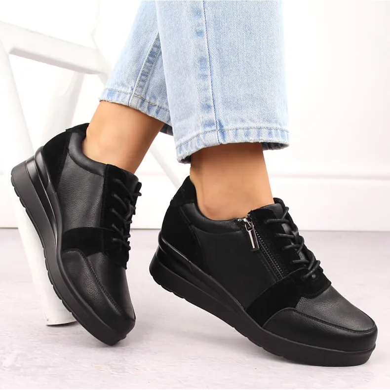 Women's leather sneakers on a wedge, black, Sergio Leone PB236-S