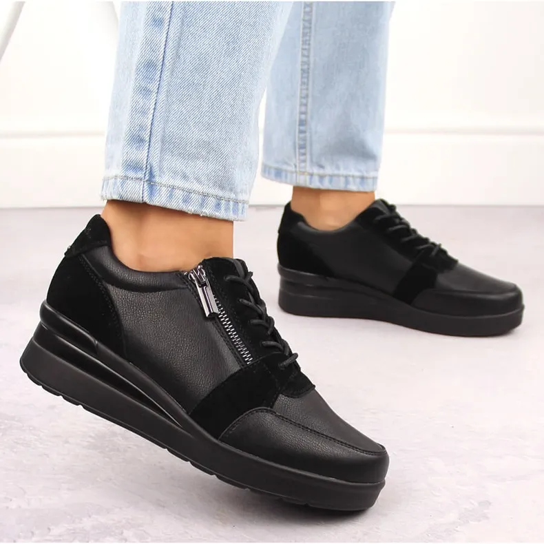 Women's leather sneakers on a wedge, black, Sergio Leone PB236-S