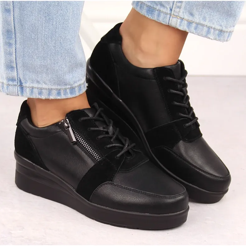 Women's leather sneakers on a wedge, black, Sergio Leone PB236-S