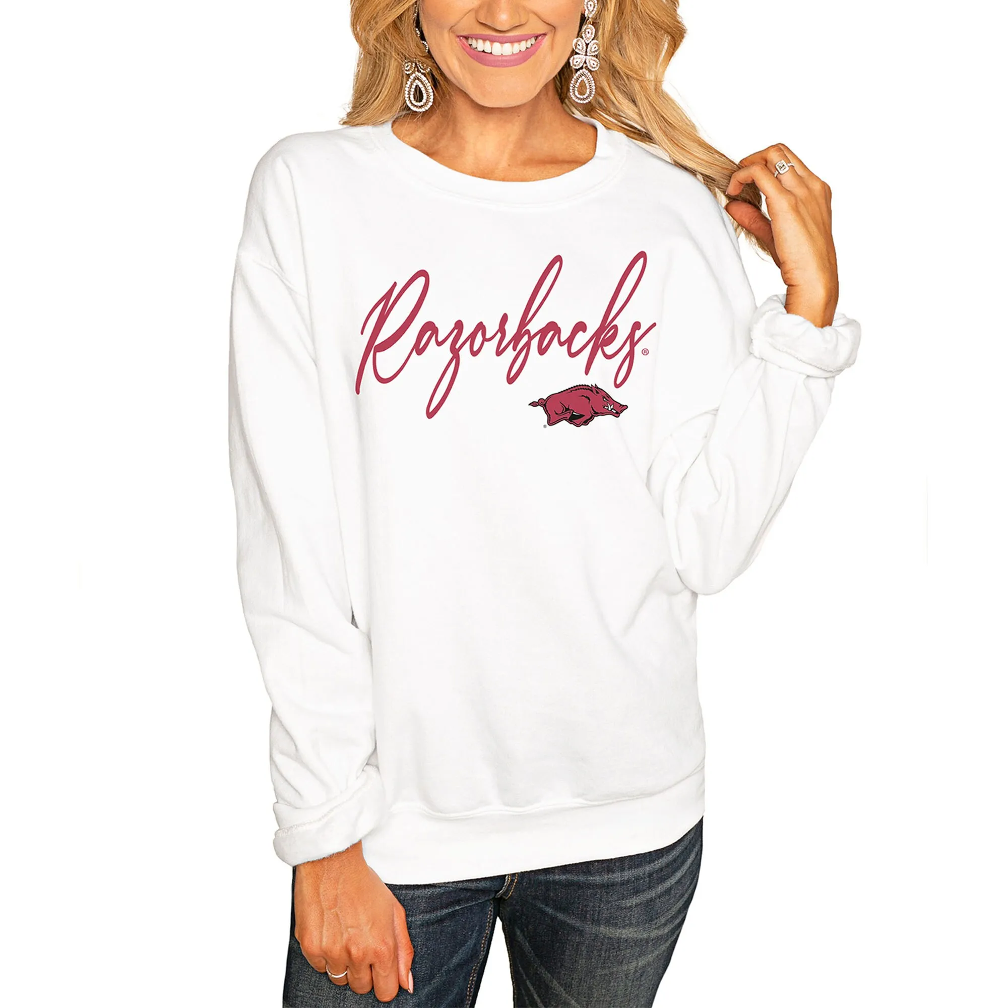 Women's White Arkansas Razorbacks Win the Day Pullover Sweatshirt